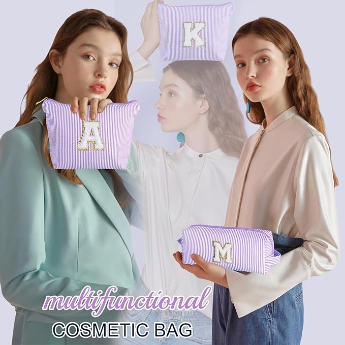 YOOLIFE Personalized Cute Purple Initial Cosmetic Makeup Pouch - Make Up Toiletry Bag for Her Mom Teacher Friend Girlfriend Wife Birthday Gifts