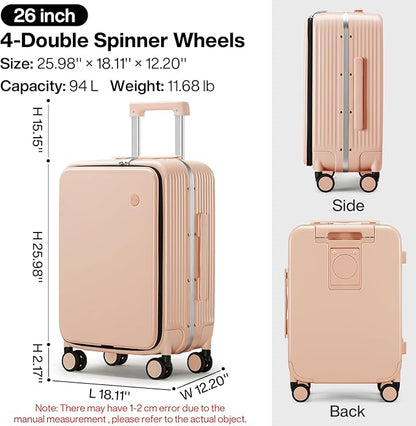mixi Large Checked Luggage with Cup Phone Holder and Charger Hard Shell Suitcases with Spinner Wheels, 26 Inch Light Pink