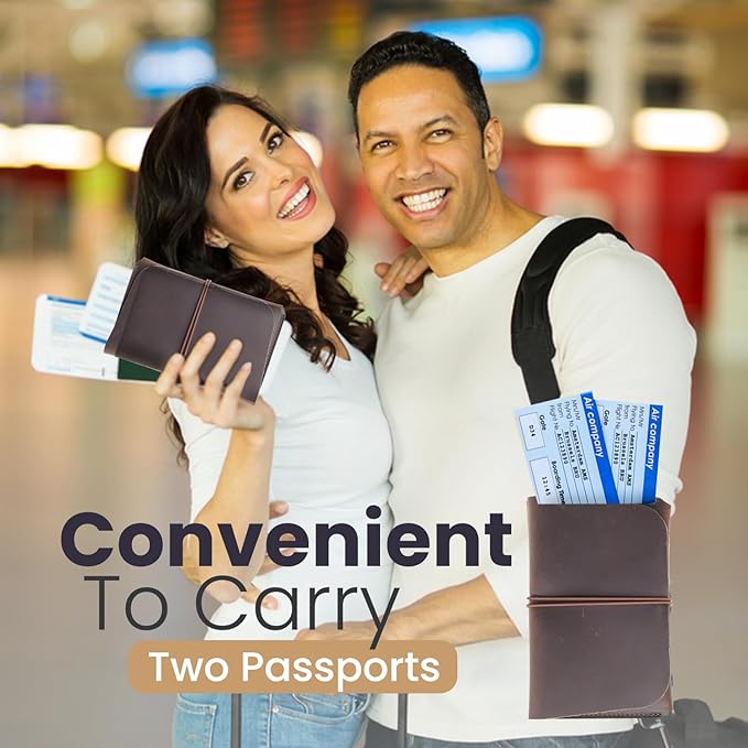 Leather Passport Holder with Travel Wallet, Genuine Leather Passport Cover- Passport Wallet, Leather Folding Wallet for Passports (Strap, Dark Brown)