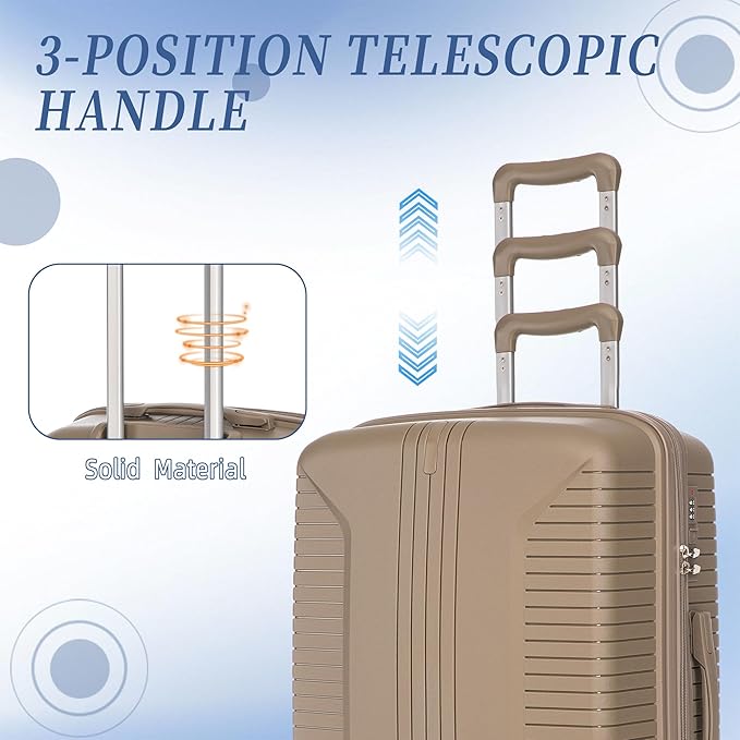 Campfun 3 Piece Luggage Sets, PP Suitcase Set with Double Spinner Wheels Hang Hook, Durable Carry On Luggage with Combination Lock, 20/24/28 inch, Champagne