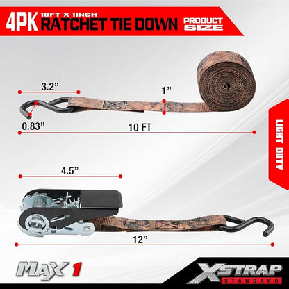 XSTRAP STANDARD Ratchet Tie Down Straps 4 Pk 10 Ft- 300 Lbs Load Cap- 900 Lbs Break Strength-Cargo Straps for Hunting, UTV, ATV, Pickup, Truck, Moving Appliances, Lawn Equipment, Camouflage