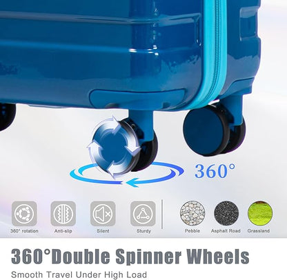 Campfun 3 Piece Luggage Sets, PC Gradient Color Suitcase Set with Double Spinner Wheels, Durable Carry On Luggage with Combination Lock, 20/24/28 inch, Light Blue+Navy