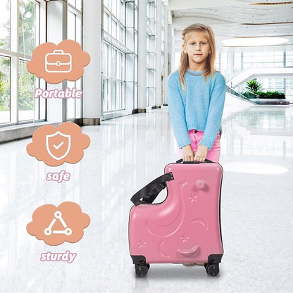 4-Wheel Carry On Luggage with Seat for Kids with Seat and Safety Belt, Large Capacity Hard Shell Suitcase Durable Rolling Luggage 4 Spinner Wheels, Waterproof Pocket, Adjustable Handle Pink