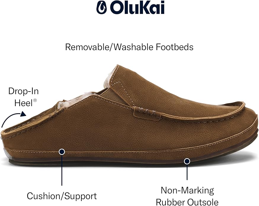 OLUKAI Moloa Slipper, Men's Premium Leather Slip-On Shoes, Soft Genuine Shearling Lining & Gel Insert, Drop-In Heel & All-Day Comfort