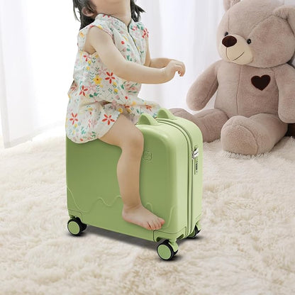 18" Ride-On Kids Suitcase with Double Spinner Wheels, Lightweight Tow-Along Luggage Carry-on Hardside Trolly Case with Password Lock, Rolling Children's Travel Luggage for Travel, School (Olive-green)