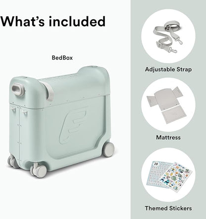Stokke JetKids BedBox, Green Aurora - Ride-On Suitcase for Kids 2-7 Years Old (up to 77 lbs) - Transforms Into Bed - Includes Mattress, Decorative Stickers & Adjustable Carrying Strap