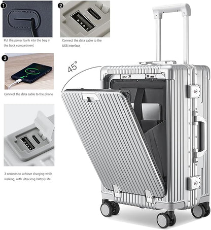 feilario 20in Aluminium Frame Zipperless PC Hard Shell Spinner Wheels Luggage, Built-In TSA lock Carry on Suitcase, with Cup Holder, USB Port, Phone Holder