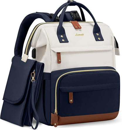 LOVEVOOK Diaper Bag Backpack, Baby Bag with Changing Station, Large Diaper Backpack for Mom Dads, Waterproof Leather Mommy Bag for Boy and Girl, Travel Essential Baby Shower, Navy Blue-Beige