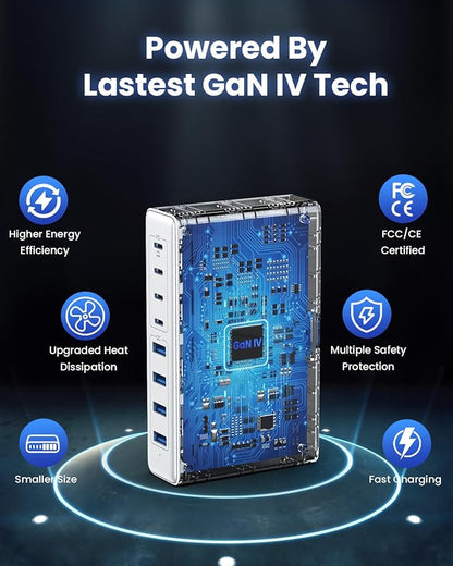 200W USB C Charger Block,GaN IV Charging Station 8 Ports,QC4.0 Fast Charging Station Hub+PD 65W USB C Laptop Charger Adapter Compatible with MacBook Air/Pro,DELL,iPhone 17/16/15,iPad,Steam Deck-White