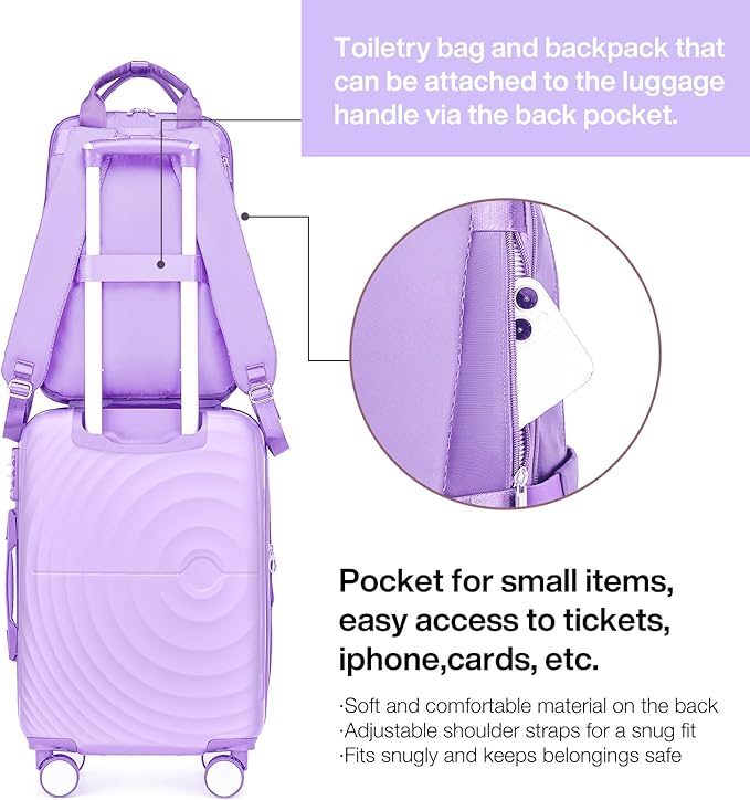 LARVENDER Carry On Luggage 22x14x9 Airline Approved, Expandable PP 20 inch Carry On Suitcases with Wheels, Lightweight Luggage Sets 3 Pieces for Women(LAVENDER/20/BP/TB)