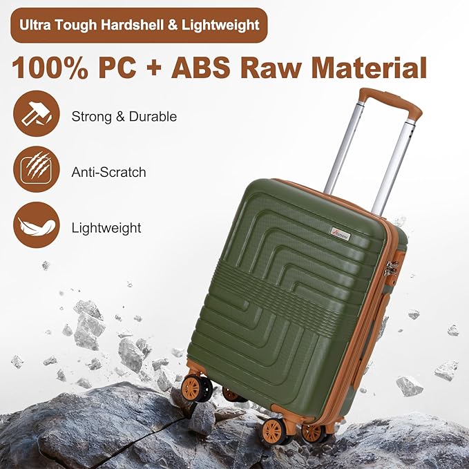 Romswi 3 Piece Luggage Sets, Expandable PC+ABS Hardshell Suitcase Set with TSA Lock YKK Zipper and Dual Spinner Wheels, Large Checked Travel Suitcases, 22/26/30 Inch, Olive Green