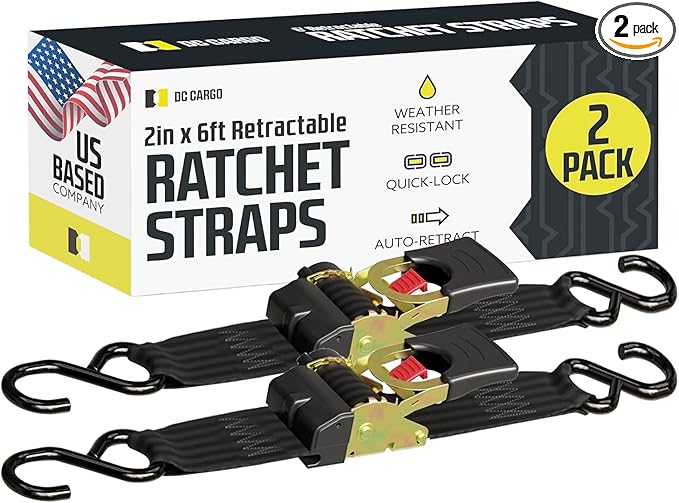 DC Cargo Mall Auto Retractable Ratchet Straps (2-Pack) 2” x 6ft, Super Heavy Duty, 4,033lb Break Strength – Tie Down Straps for Cargo, Truck, Trailer, Boats