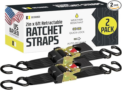 DC Cargo Mall Auto Retractable Ratchet Straps (2-Pack) 2” x 6ft, Super Heavy Duty, 4,033lb Break Strength – Tie Down Straps for Cargo, Truck, Trailer, Boats