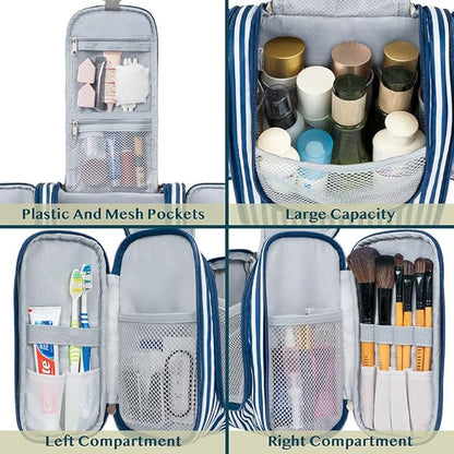 PAVILIA Toiletry Bag Travel Bag for Women Men, Hanging Cosmetic Organizer, Water Resistant Makeup Bag for Accessories Toiletries, Large Travel Essentials Kit (Stripe Navy)