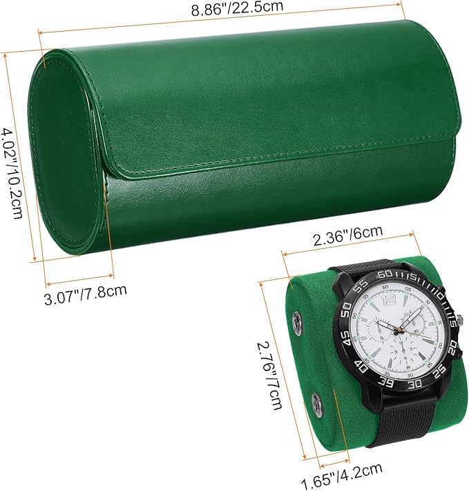 HARFINGTON Watch Roll Travel Case 3 Slot Portable Leather Watch Case for Men and Women, Watches Storage Organizer with Removable Pillows for Traveling, Display, Home Storage, Green