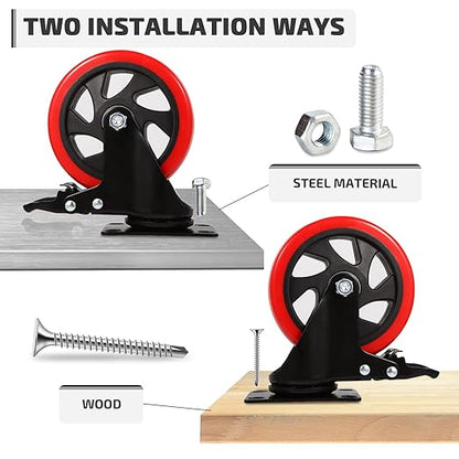 Nefish Swivel Caster Wheel for Cart, 5 Inch Industrial Casters Set of 4 - Heavy Duty Top Plate Casters with Brake 2200 Lbs, 360 Degree Polyurethane Wheels for Cart, Trolleys, Furniture, Equipment