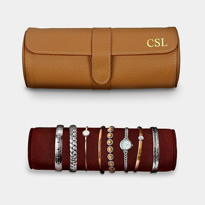 HomeWetBar Custom Leather Watch Roll for Travel, 3 Slot British Tan Watch Case with Velvety Interior, Personalized Initials Option