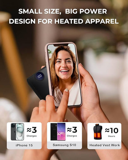 𝟱𝗩 𝟭𝟮𝟬𝟬𝟬𝗺𝗔𝗵 Heated Vest Battery Pack, Rechargeable Power Bank with LED Display, Type-C Input, and Dual USB-A Output for Heated Apparel, Vest, Seat, Blanket and Jacket up to 10H