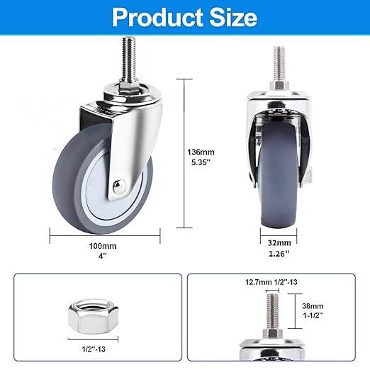 4 inch Stainless Steel Caster Wheels Heavy Duty, 1/2"-13x1-1/2 Threaded Stem Casters, Rust Resistant, Non-Marking Slient TPR Rubber Wheels for Hospital, Lab, Furniture, Restaurants