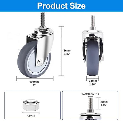 4 inch Stainless Steel Caster Wheels Heavy Duty, 1/2"-13x1-1/2 Threaded Stem Casters, Rust Resistant, Non-Marking Slient TPR Rubber Wheels for Hospital, Lab, Furniture, Restaurants