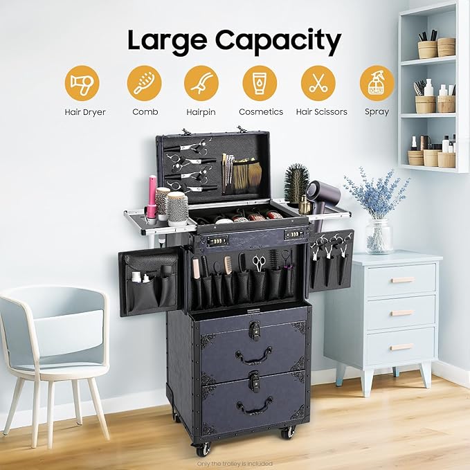 Beauty Rolling Makeup Train Case, Professional Lockable Rolling Salon Luggage, Retro-Rolling Cart Storage Organizer Trolley Make Up Case, 4 Universal Wheels, Retractable Rod, Buckle (Blue)