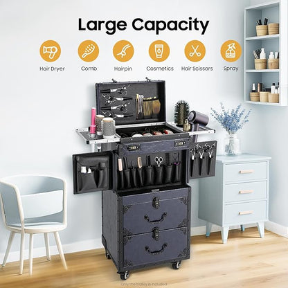 Beauty Rolling Makeup Train Case, Professional Lockable Rolling Salon Luggage, Retro-Rolling Cart Storage Organizer Trolley Make Up Case, 4 Universal Wheels, Retractable Rod, Buckle (Blue)