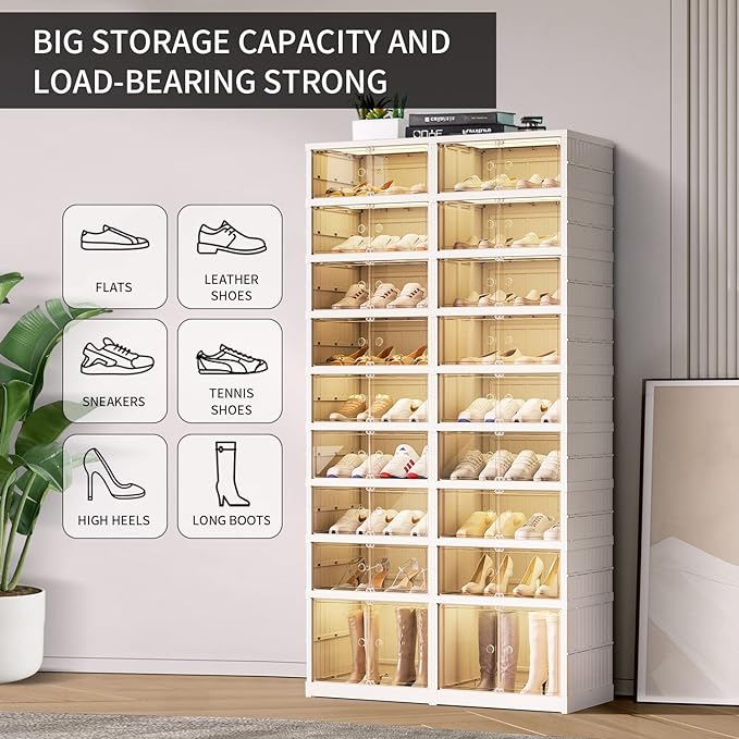9-Tier Foldable Shoe Rack Organizer for Closet,36Pairs Collapsible Plastic Shoe Shelf,Large Shoes Cabinet with Door,Clear Stackable Storage Box Easy Assembly