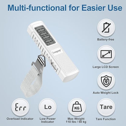 Battery-Free Digital Luggage Scale, 110lbs/50kg Portable Handheld Hanging Scale for Luggages, Suitcases, Backpacks & Bags, Easy Weighing for Travel, No Need Batteries (White)