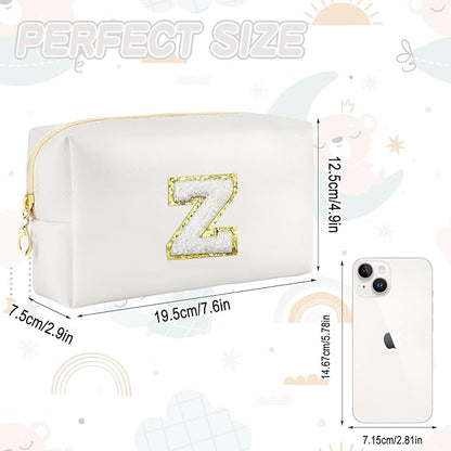 Gifts for Girls Initial Makeup Bag Personalized Cosmetic Bag with Zipper Cute Travel Toiletry Bags Waterproof PU Preppy Makeup Pouch Birthday Gift for Teen Girls Women(White Z)