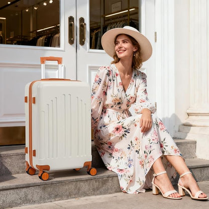 Karl home Carry On Luggage 22x14x9 Airline Approved, ABS Hardshell Suitcase with TSA Lock & Spinner Wheels, Durable Small Suitcase Rolling Luggage for Business Travel, White & Brown
