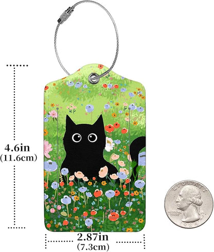 2 Pcs Luggage Tags for Suitcase, Cute Unique PU Leather Travel Bag Tag with Privacy Cover ID Label Address Card and Durable Metal Ring Suitable for Men Women Children Backpack,Black Cat On The Grass