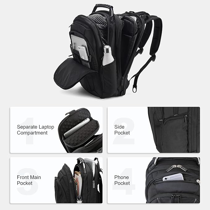 LEVEL8 Laptop Backpack, Work Backpack for Men Women, Travel Computer Bag for Business Fits 15.6" Laptop and Notebook - Black