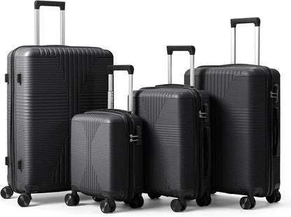 Karl home Luggage Sets 4 Piece, PP Hard Case Suitcase Set with Built-in Lock Spinner Wheels, Lightweight Durable Carry on Luggage for Business Travel - Black (16/20/24/28")