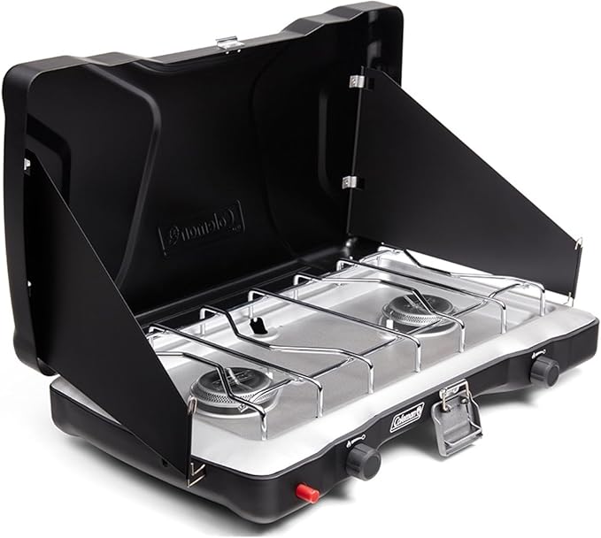 Coleman Triton+ 2-Burner Propane Camping Stove with InstaStart Ignition, Portable Camping Cooktop with 2 Adjustable Burners & Wind Guards, 22,000 BTUs of Power for Camping, Tailgating, Grilling