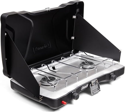 Coleman Triton+ 2-Burner Propane Camping Stove with InstaStart Ignition, Portable Camping Cooktop with 2 Adjustable Burners & Wind Guards, 22,000 BTUs of Power for Camping, Tailgating, Grilling