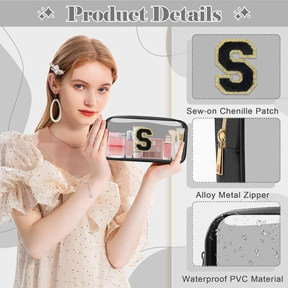 Personalized Initial Letter Clear Makeup Bag,Preppy Small Nylon&PVC Cosmetic Zipper Bag with Chenille Letter,Travel Skincare Toiletry Bag,Monogram Christmas Gift for Teen Girls Women,S