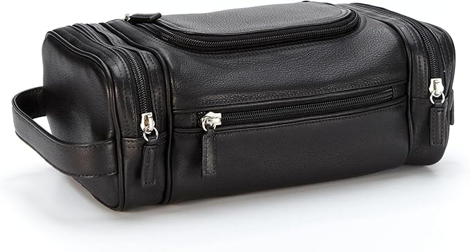 Leatherology Black Onyx Multi Pocket Toiletry Bag - Main top zippered compartment with additional side and front zippered pockets