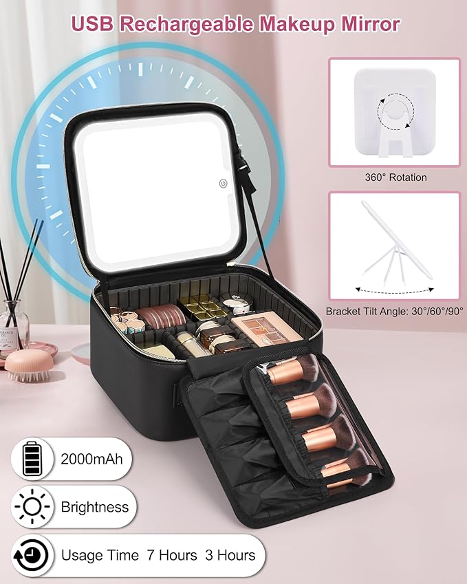 Relavel Initial Makeup Bag with LED Mirror for Women Girls, Personalized Travel Cosmetic Organizer Train Case, Birthday Gifts for Grandkids Bridesmaid Graduation Teacher Friends, Trendy Stuff, Black L