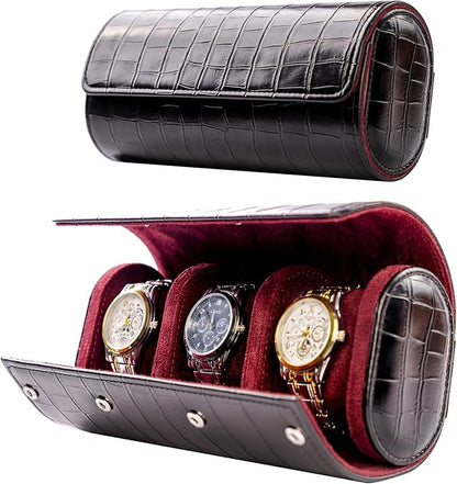 MR.OKAY 3 Watch Travel Case-Classic Leather Watch Case With Superb Texture. (Portable Watch Roll Or Organizer For Storage And Display).Festival Gift For Men, All Handcrafted By Artisans.