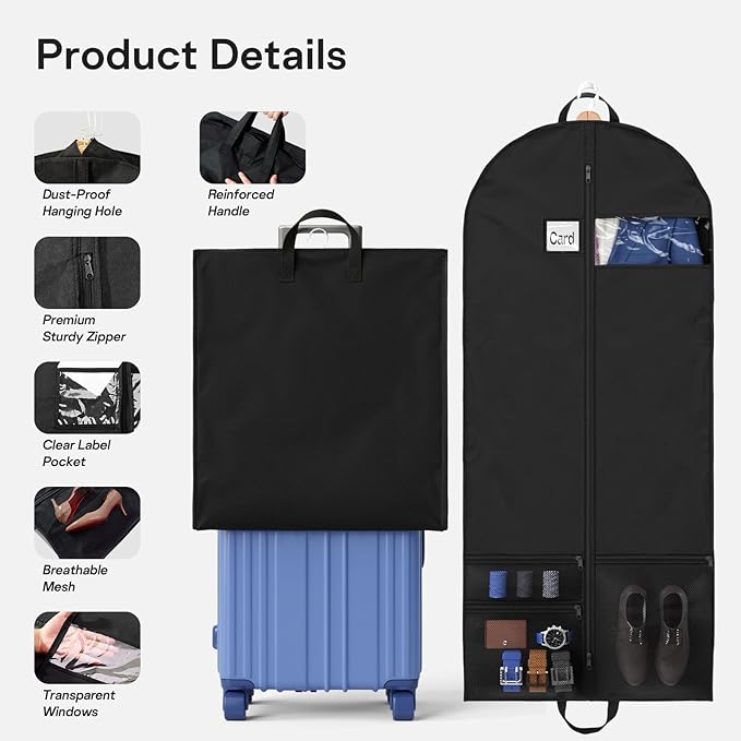 1 Pack Heavy Duty Garment Bags for Travel Suit Bags, Dress Bags, Garment Bags for Hanging Clothes with Pockets Men's Suit Holder for Shirts, Coats, Dresses (Black, 1Pack60")