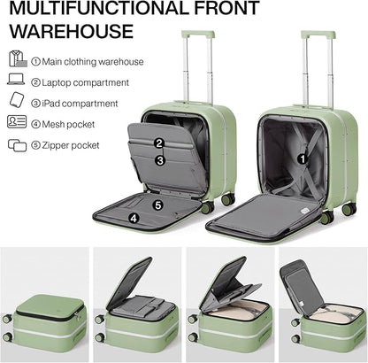 mixi Carry On Luggage, 18” Suitcase with Front Laptop Pocket, Travel Luggage Aluminum Frame PC Hardside with Spinner Wheels & TSA Lock and Cover (Not for Underseat), Avocado Green