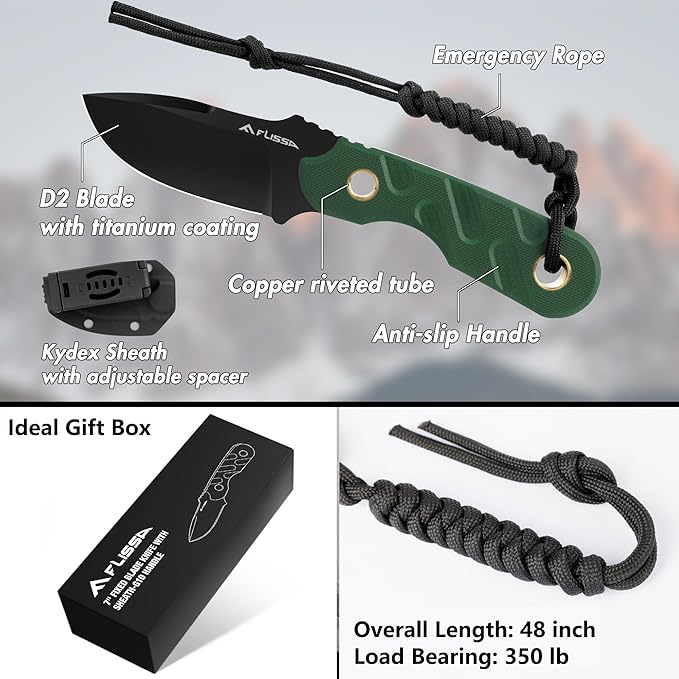 FLISSA Fixed Blade Knife, 7 Inch Full Tang Hunting Knife with G10 Handle, Kydex Sheath and Emergency Rope for Tactical, Survival, Camping, Hiking(Green)