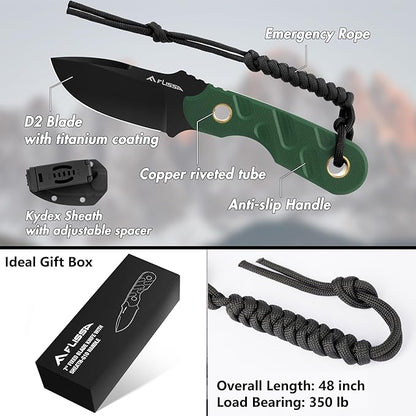 FLISSA Fixed Blade Knife, 7 Inch Full Tang Hunting Knife with G10 Handle, Kydex Sheath and Emergency Rope for Tactical, Survival, Camping, Hiking(Green)