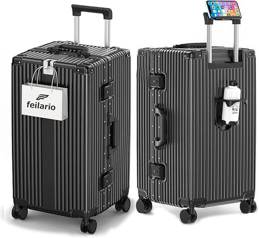 feilario 26in Aluminum Frame Hardside Spinner Wheels Luggage, Zipperless Checked Super Large Captain Suitcase with Cup Holder/Phone Holder