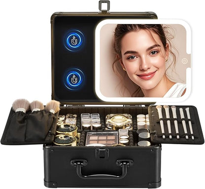 Makeup Box with Detachable Lighted Mirror–Travel Train Case, Cosmetic Storage Organizer & Makeup Suitcase with Adjustable Dividers & Magnetic LED Mirror (Black)