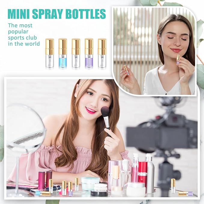 Zhehao 50 Pcs Mini Spray Bottles 2 ml Clear Glass Perfume Bottles Refillable Fine Mist Perfume Atomizer Portable Empty Sample Containers for Cleaning, Essential Oils, Travel (Gold Cap)