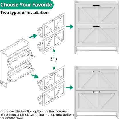 Betterhood Entryway Shoe Cabinet with 2 Flip Drawers, Slim Shoe Rack Cabinet, Freestanding Hidden Shoe Organizer Cabinet with Metal Legs, Shoe Cabniet for Entryway with Storage, Hallway, Foyer, White