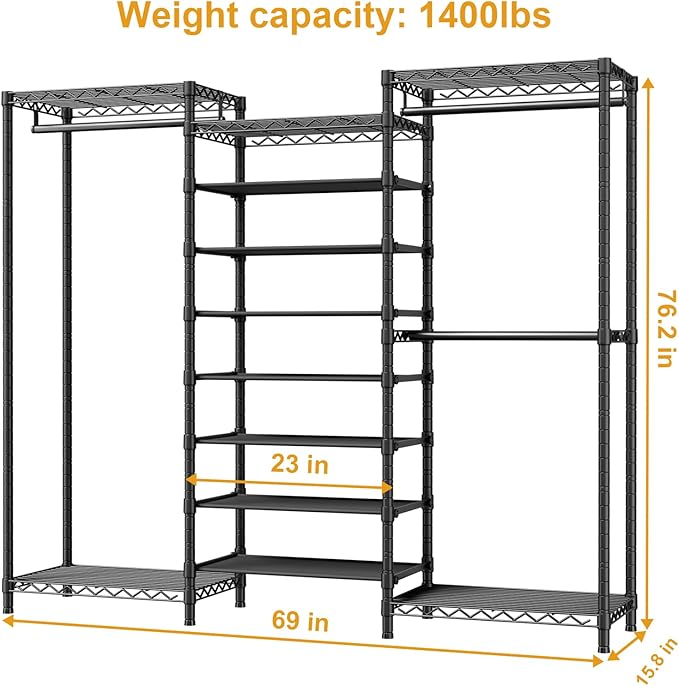 E16 Heavy Duty Clothing Rack（with 7-Tier Adjustable Shoe Rack） Freestanding Clothes Rack for Hanging Clothes，Metal Closet Storage Organizer Large Wardrobe，69'' W x 15.8'' D x 76.2'' H，Black