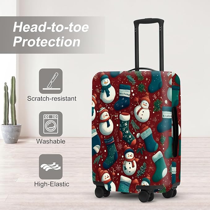 Christmas Luggage Cover - Allover Green Socks and White Snowmen Pattern on Dark Background, Stretchable Suitcase Protector for 28 30 Inch Travel Bags