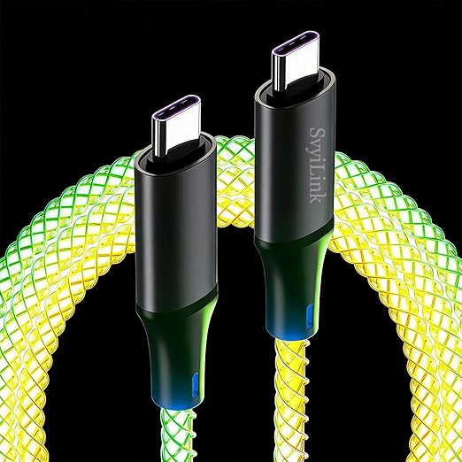 USB Cable PD Fast Charger Lighted Up (USB C to C RGB),Mobile Phone Data Cable, Charging Cable, Supports Data Transfer, 39-inch, high-Transparency Pure Copper Braided Cable Body.